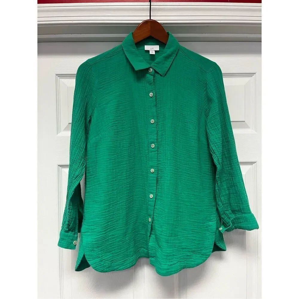 J. Jill Green Crinkle Gauzy Cotton Button Down Shirt sz XSP NWOT
